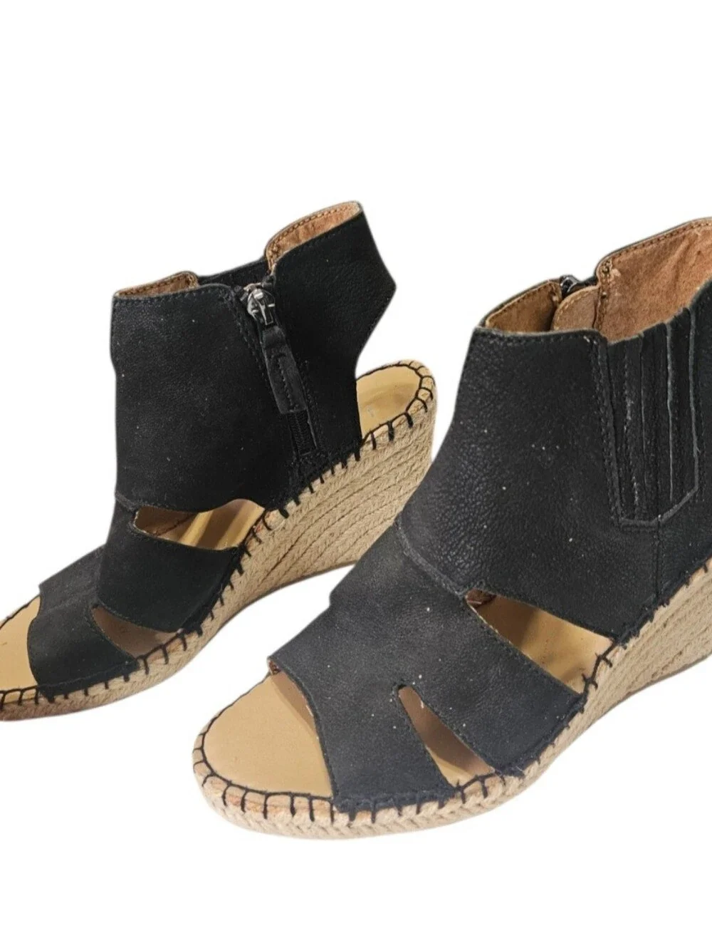 Franco Sarto 9M Black Suede Leather Nola Cut Out Espadrille Wedge Sandal